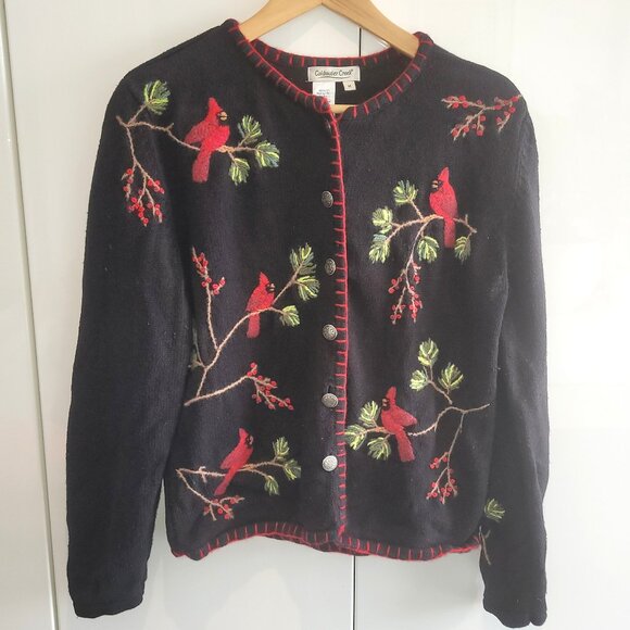 Coldwater Creek Sweaters - Coldwater Creek Embroidered Cardinal/Bird Cotton Cottagecore Cardigan Size M